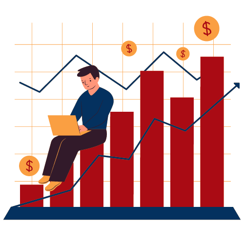 illustration of a man sitting with a laptop open, leaning against a bar chart with floating dollar signs and trend lines in the background.