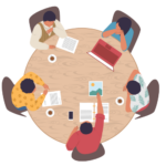 Illustration of a top-view image of five individuals gathered around a round table conversing.