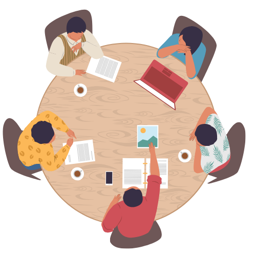 Illustration of a top-view image of five individuals gathered around a round table conversing.